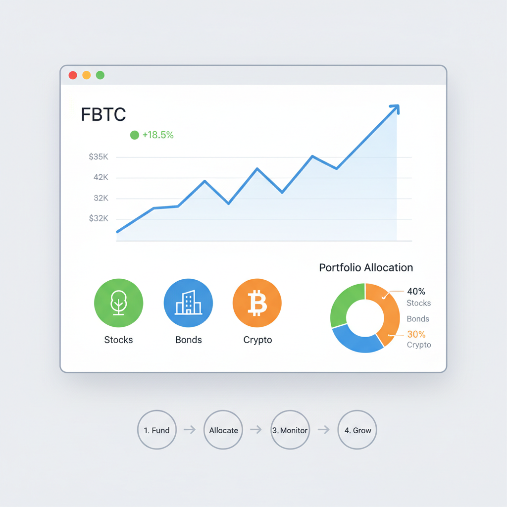 monitoring investment dashboard with FBTC chart, balanced portfolio icons