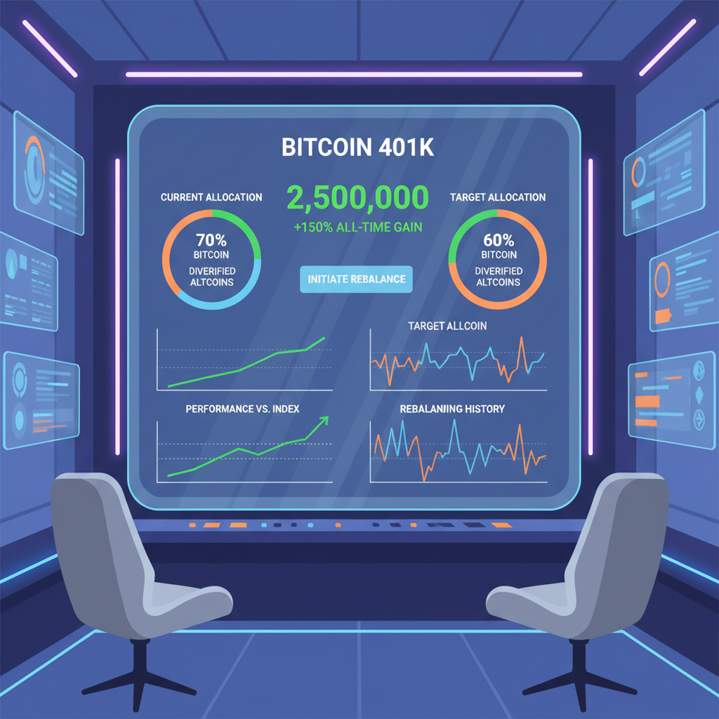 dashboard monitoring bitcoin 401k performance, rebalancing graphs, futuristic control room