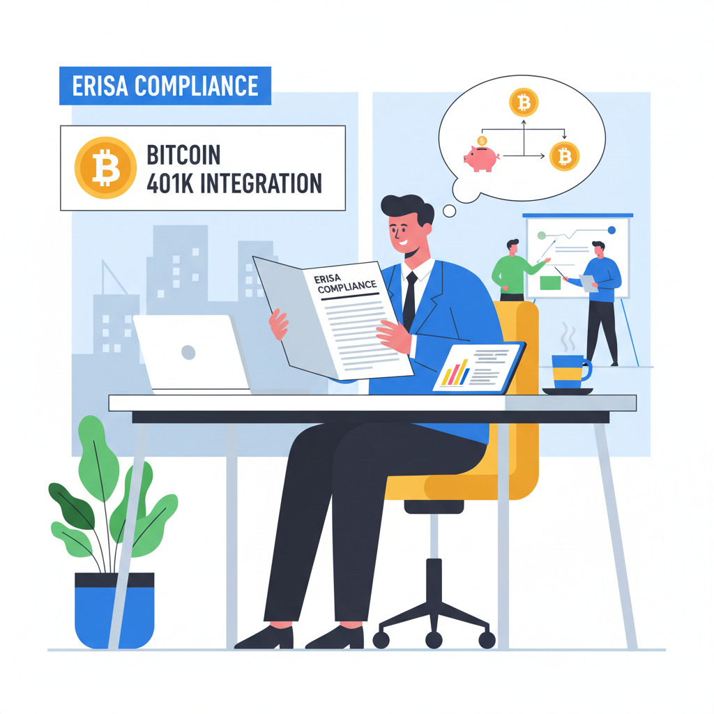 employer executive reviewing ERISA documents on bitcoin 401k integration, modern office, energetic vibe