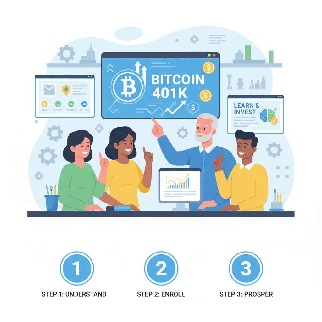 diverse employees in workshop learning about bitcoin 401k, excited expressions, digital screens