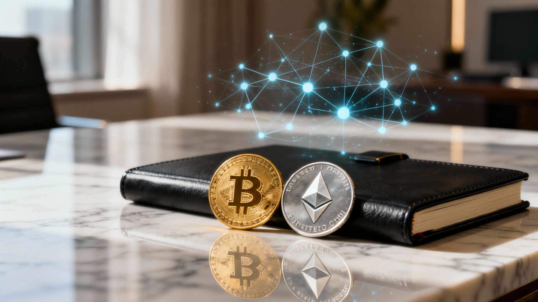 Confident self-employed professional reviewing crypto portfolio on laptop with digital coins and abstract charts in background, illustrating Solo 401(k) crypto investment strategy for 2025.