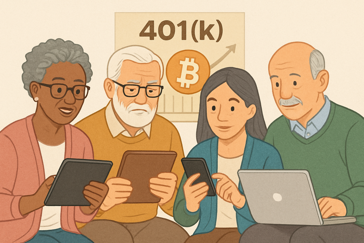 Diverse group of retirement investors discussing 401(k) cryptocurrency options on digital devices in a professional setting