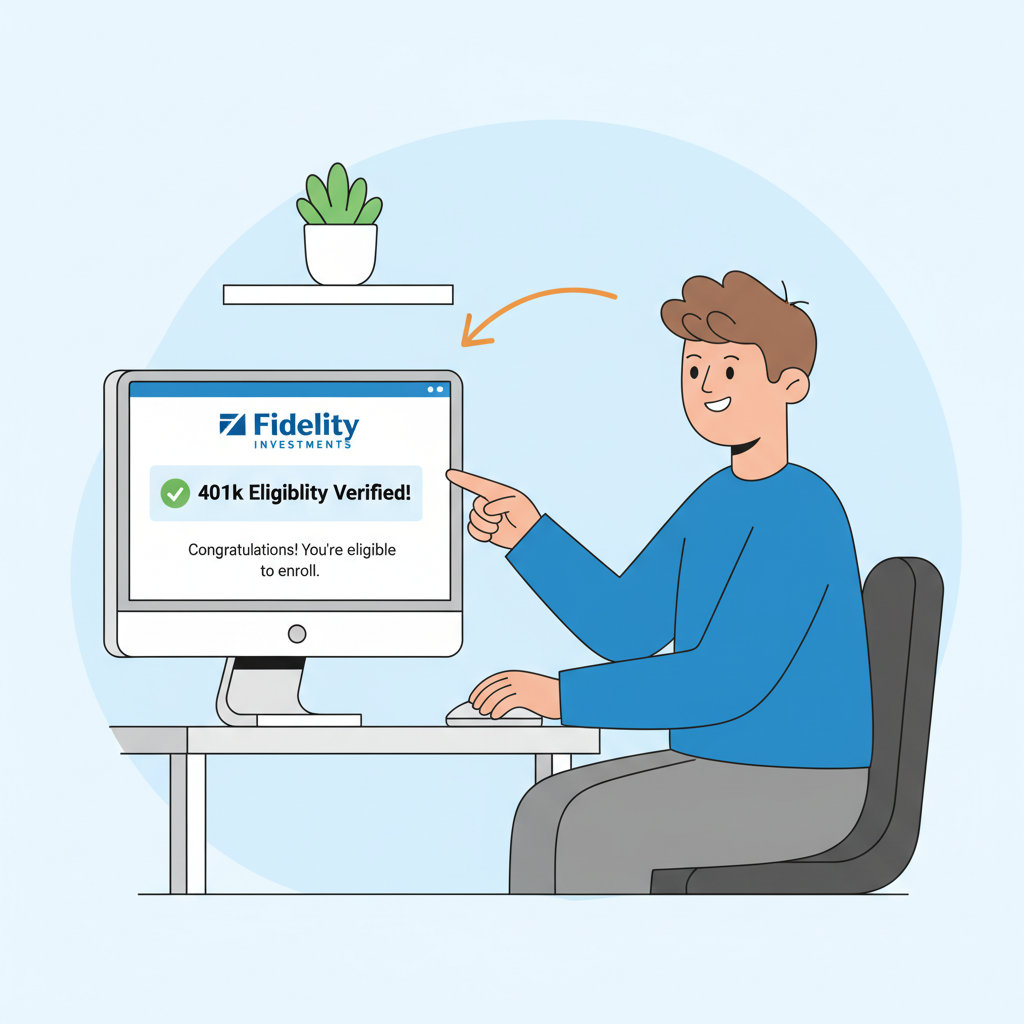 cartoon person on computer verifying 401k eligibility with Fidelity logo and checkmark