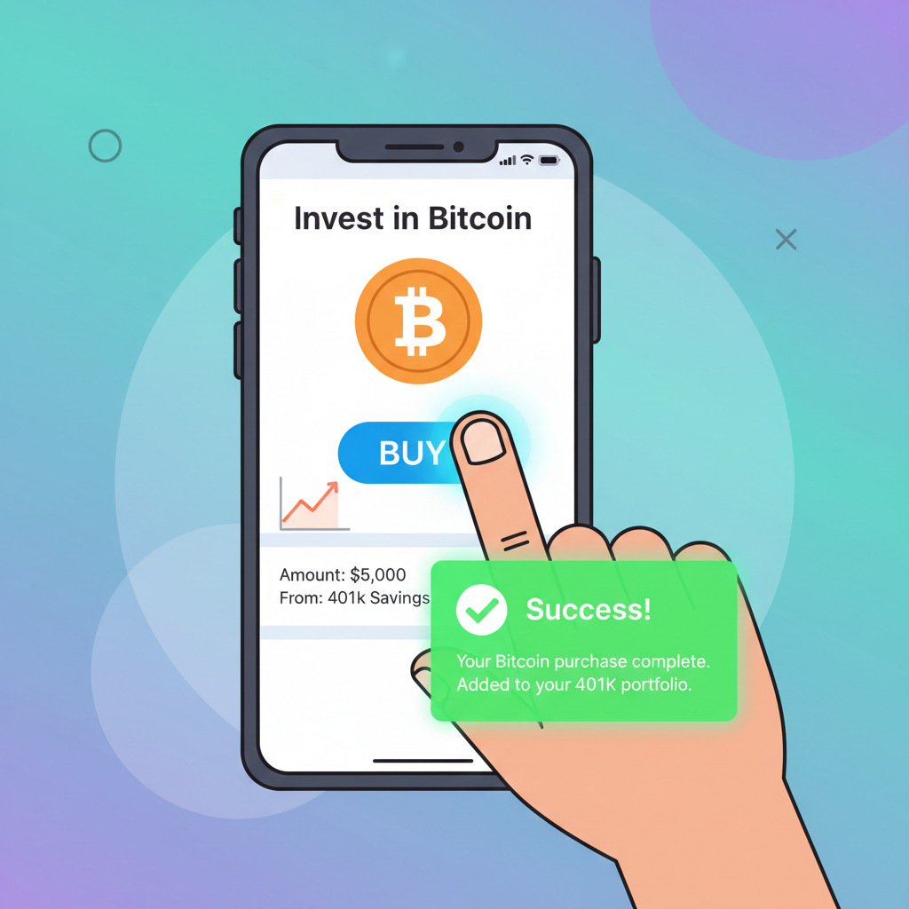 hand clicking buy button on 401k app for Bitcoin, success confirmation screen, vibrant tech style