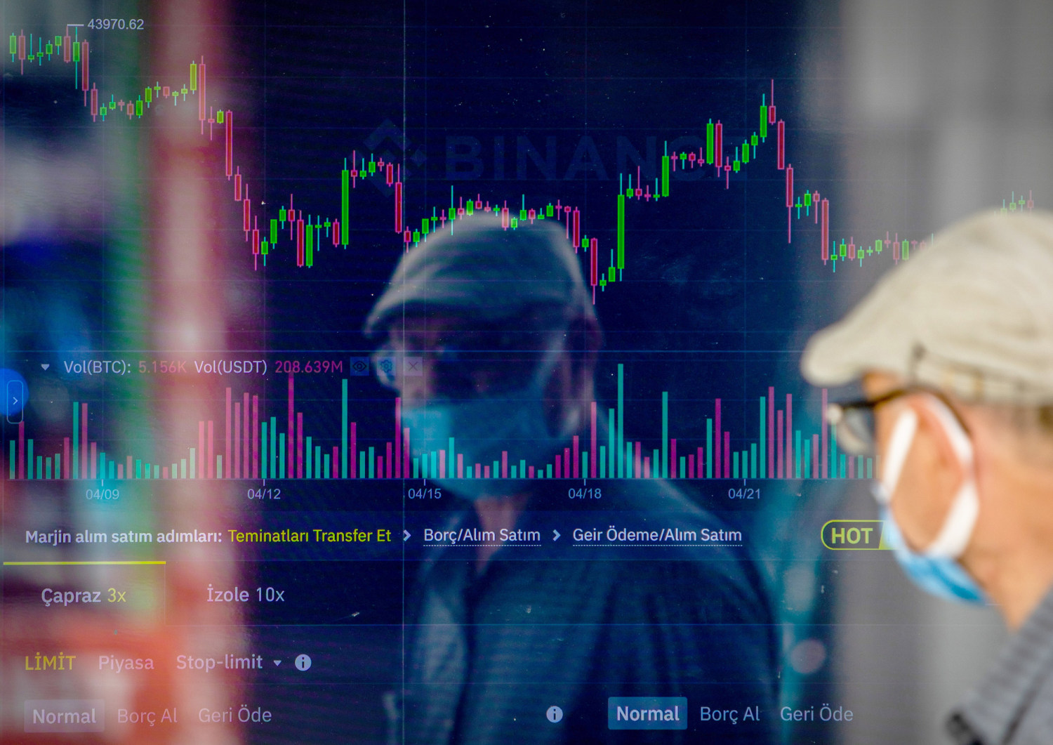 Bitcoin price crash graph, worried investor looking at 401(k) statement