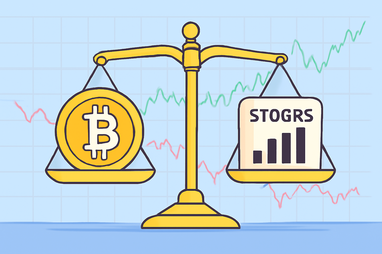 A balanced scale with Bitcoin on one side and traditional stocks on the other, background showing fluctuating price charts
