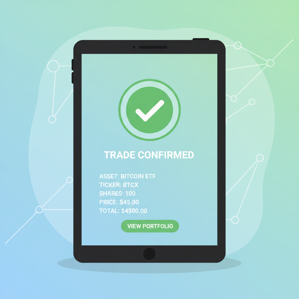 confirming trade on trading platform, success checkmark, bitcoin ETF details