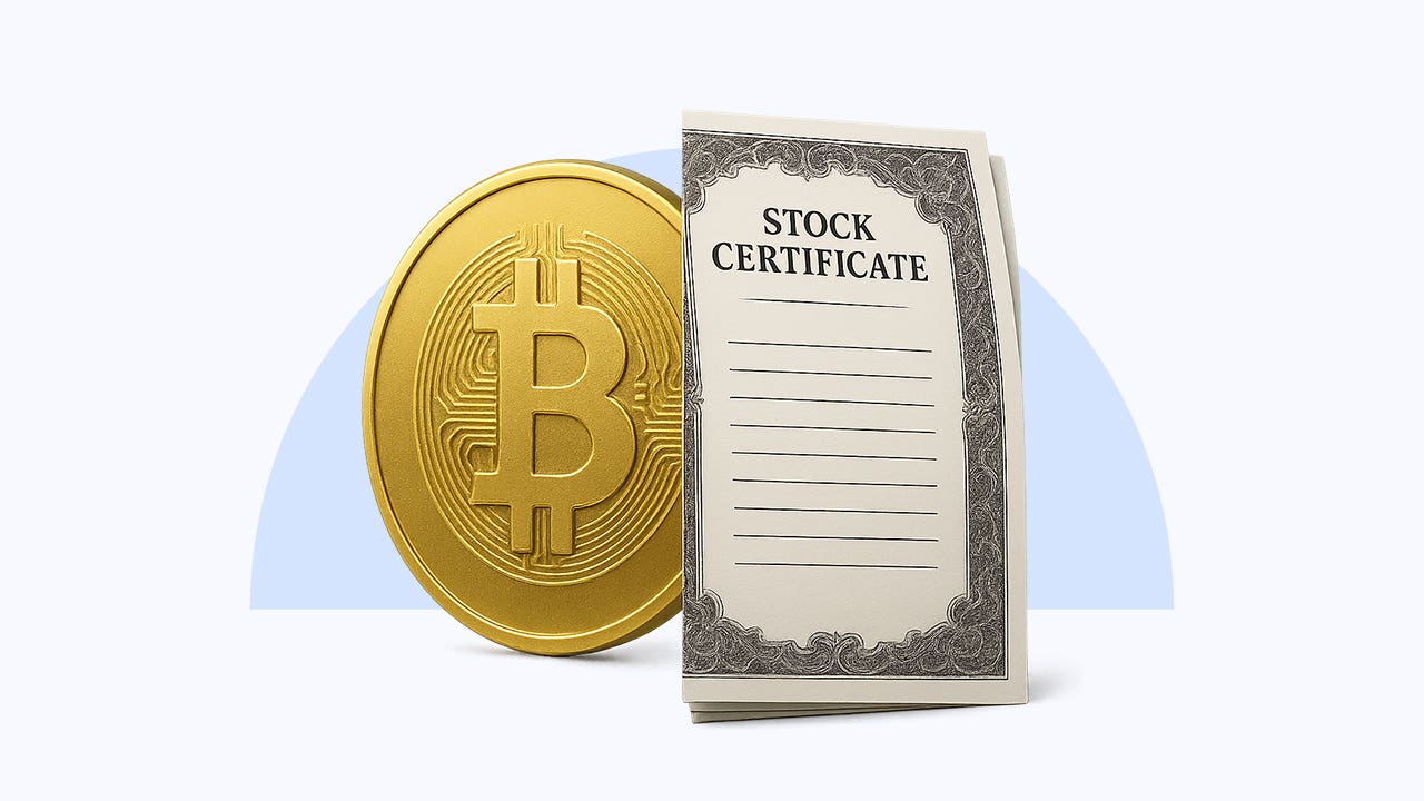 Confident investor reviewing a diversified 401(k) portfolio with cryptocurrency and traditional assets represented side by side