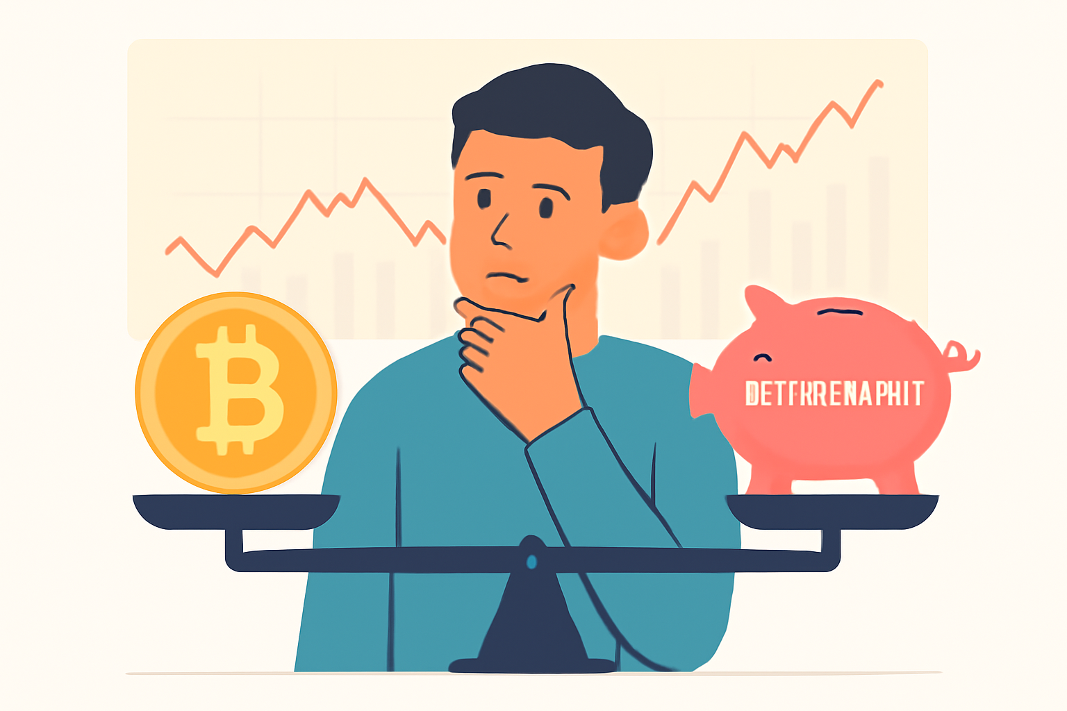 A thoughtful person balancing a Bitcoin coin and a retirement piggy bank on a scale, with a fluctuating price chart in the background