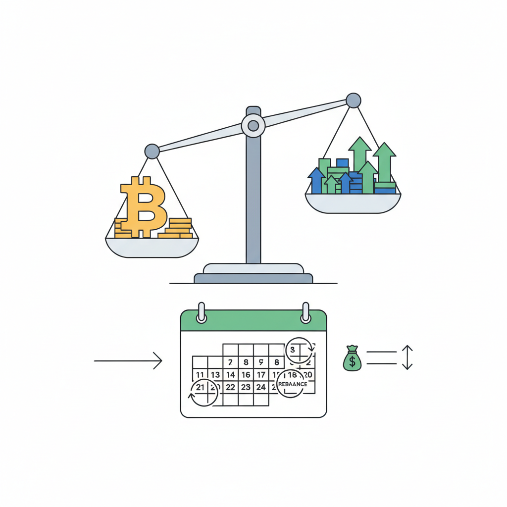 calendar with rebalancing icons, Bitcoin scale balancing with stocks, balanced scales graphic