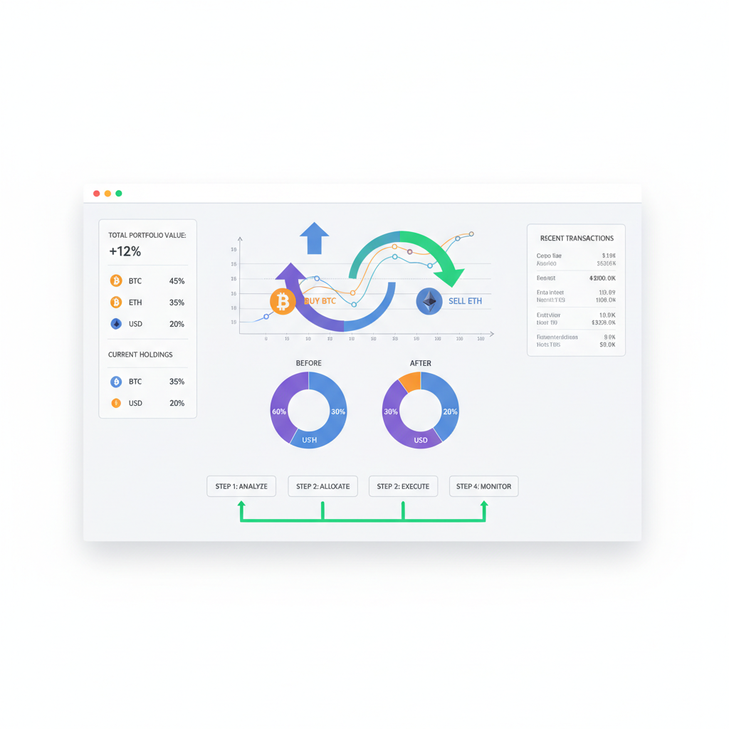 dashboard showing bitcoin portfolio rebalancing, dynamic graphs and arrows