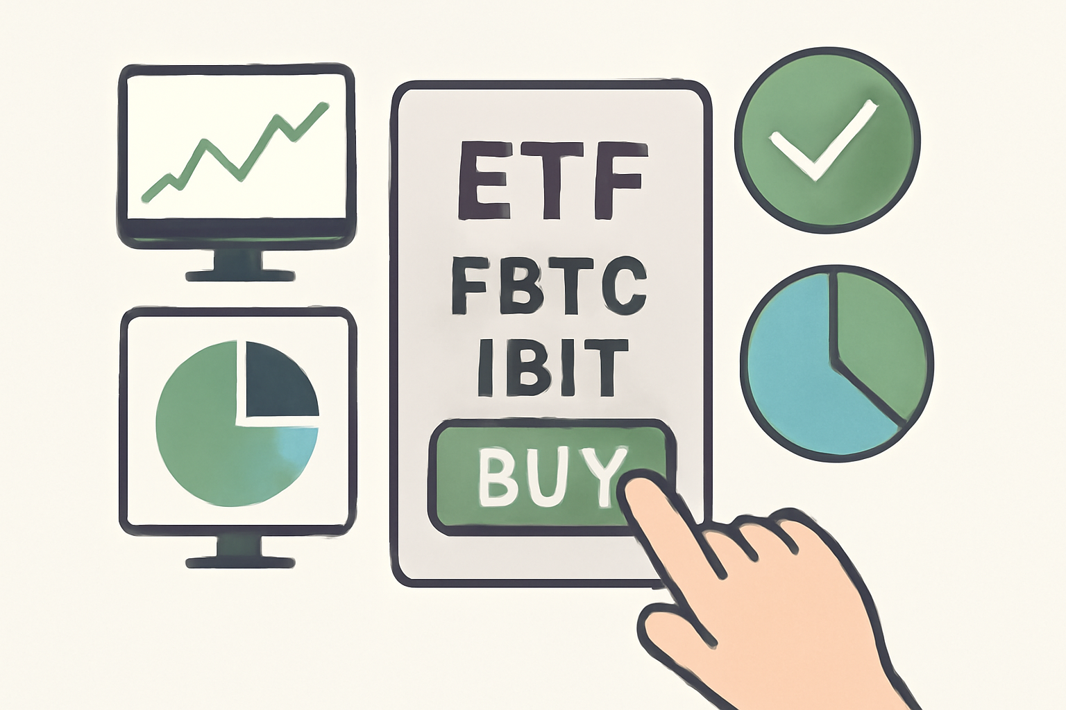 hand clicking buy button on ETF trade screen FBTC IBIT, performance charts with monitor icons, pie chart diversification, green success checkmark