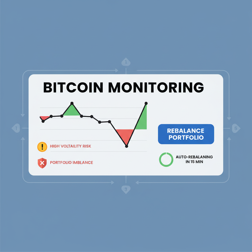 dashboard monitoring bitcoin chart with risk warning icons and rebalance button