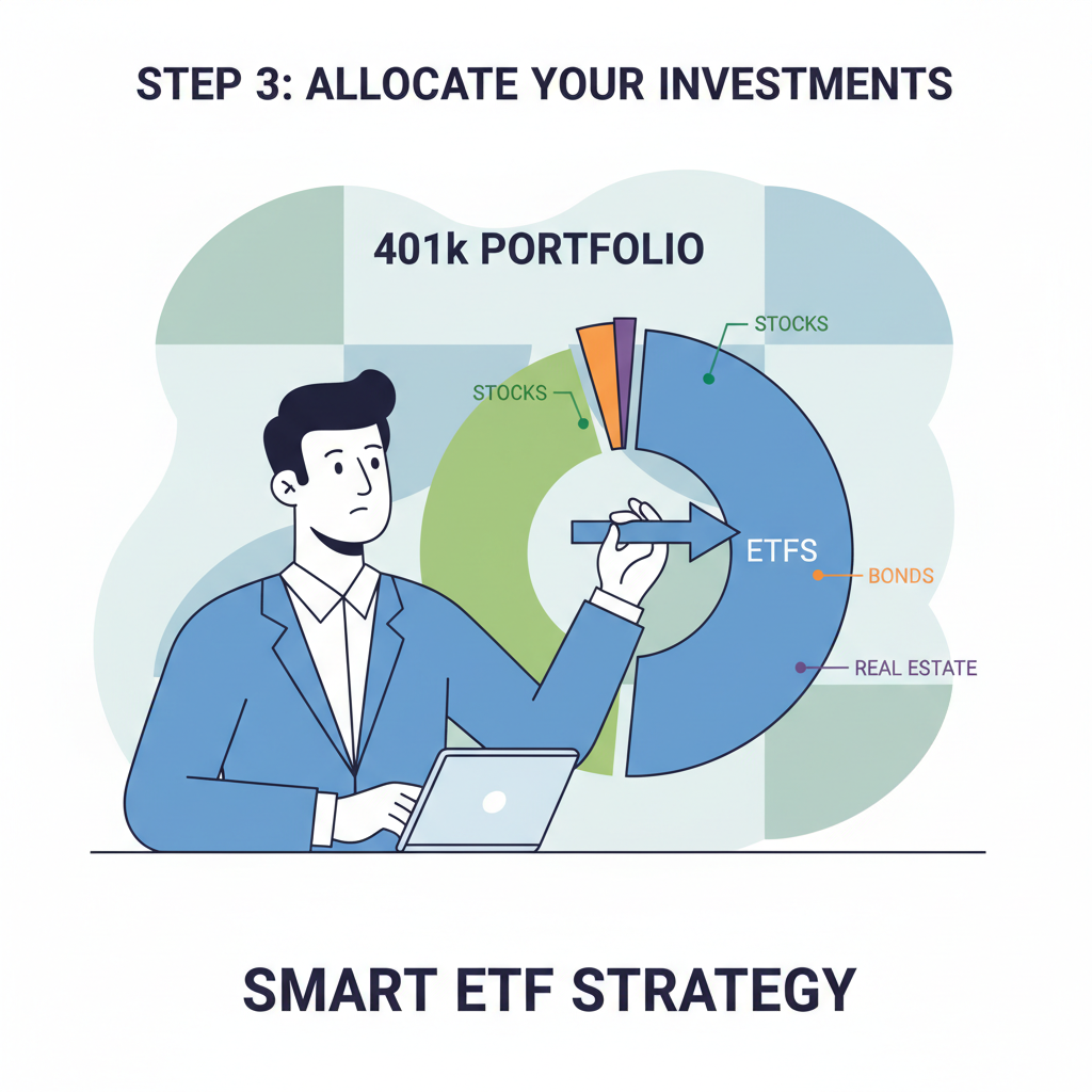 investor thoughtfully allocating pie chart with ETF slice in 401k portfolio