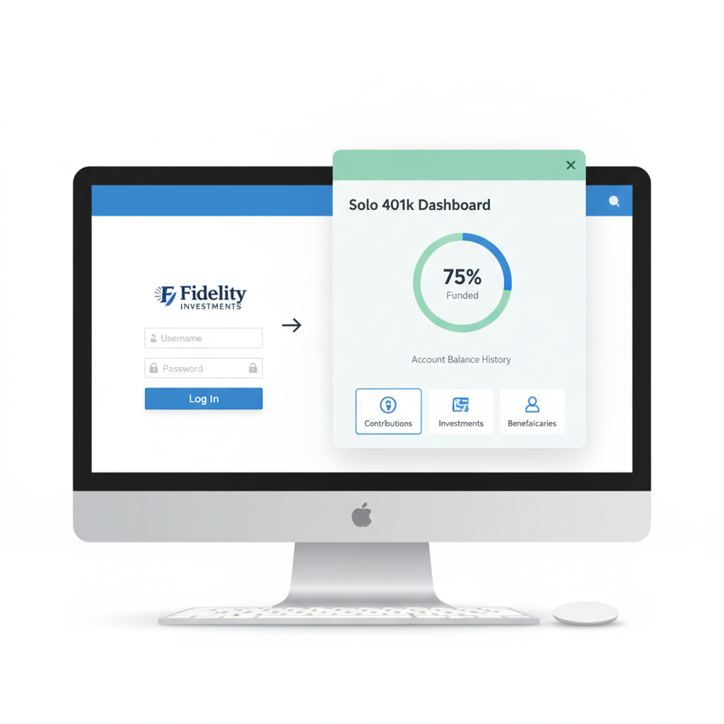 Fidelity login screen transitioning to Solo 401k dashboard on desktop