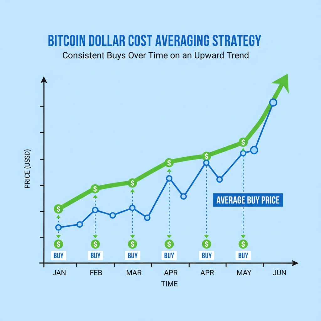 line chart showing dollar cost averaging buys on bitcoin price graph, green upward trend, illustrative infographic